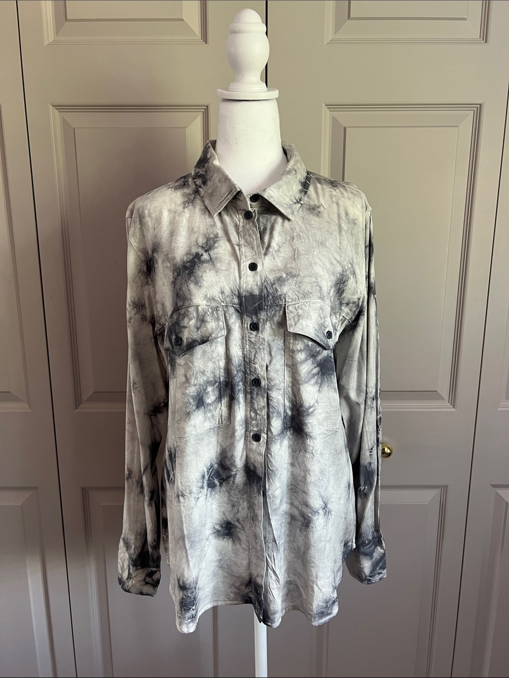 Sanctuary Tie-Dye Button Down Shirt in Gray and Black